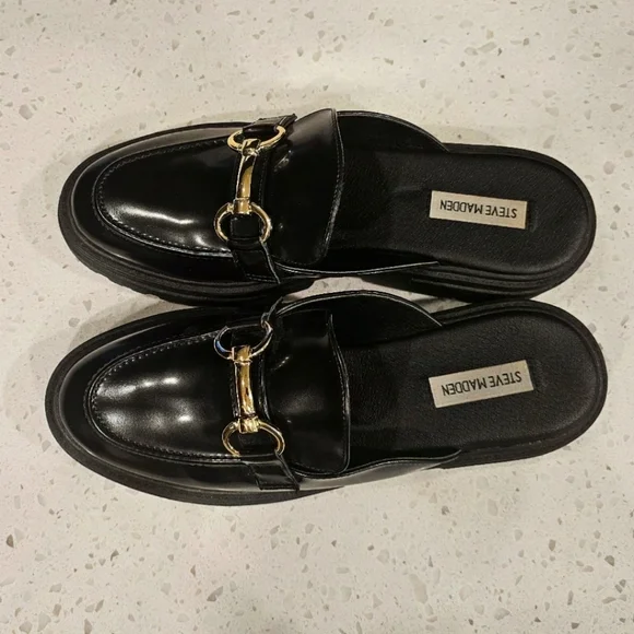 Steve Madden Black Chunky Mule Loafers with Gold Detailed Hardware Sz 9.5 - Picture 7 of 7